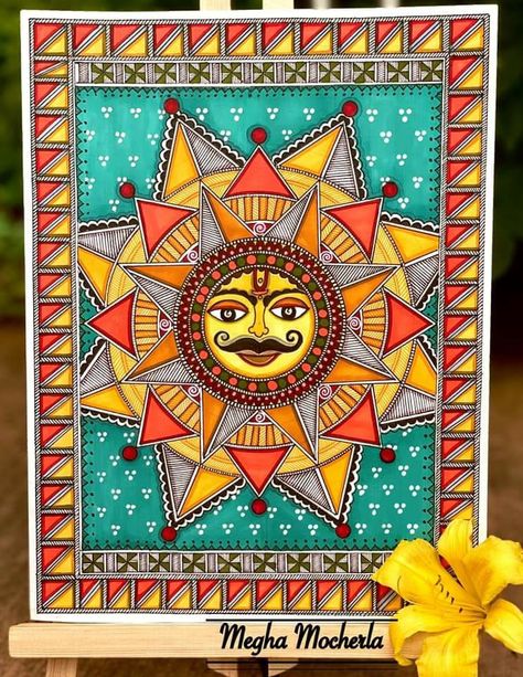 Sun In Madhubani Painting, Chath Puja Madhubani Painting, Madhubani Background Design, Madhubani Sun Paintings, Simple Madhubani Paintings, Madhubani Paintings On Canvas, Madhubani Art Krishna, Madhubani Drawing Indian Paintings, Madhubani Paintings Ideas Design