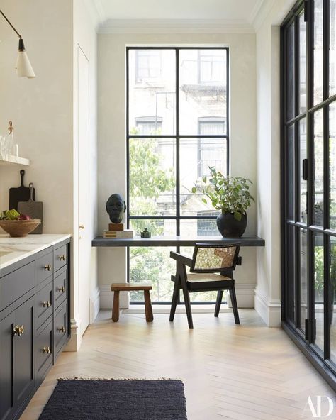 Metal Doors, Floating Desk, Herringbone Floor, Kitchen Nook, Kitchen Marble, Floor To Ceiling Windows, Rugs Usa, Trendy Kitchen, Architectural Digest