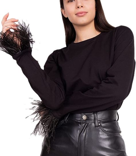 Women Long Sleeve Feather T-Shirt Round Neck Casual Basic Crop Top Faux Vintage Fur Trim Blouse Top | Amazon (US) Fur Sleeves, Feather Cuff, Feather Tops, Patch Work Blouse, Women Long Sleeve Tops, Spring Shirts, Beat The Heat, Summer Outfit Ideas, Solid Clothes