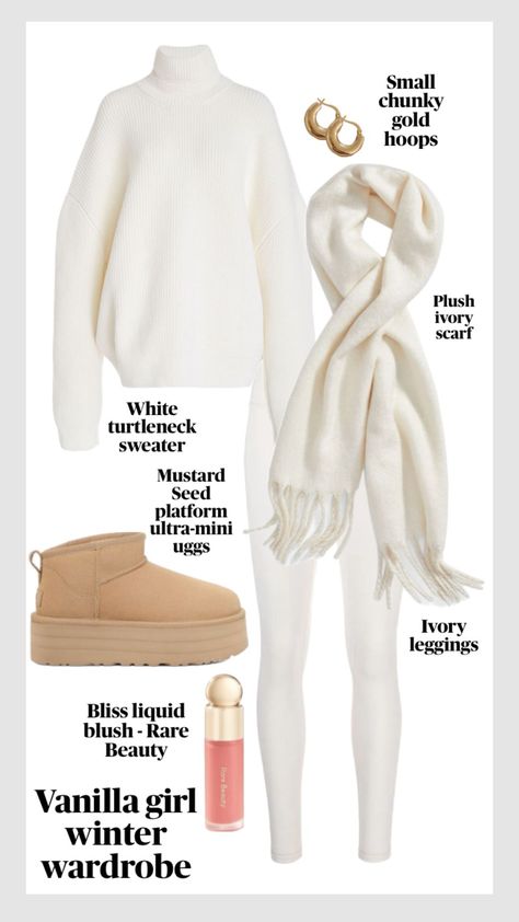 #wishlist #vanillagirl #neutralgirl #beigegirl #vanillagirlwishlist #neutralgirlwishlist #beigegirlwishlist #sadbeigegirlwishlist #vanilla #neutrals #ivory #white Ivory Leggings, Ultra Mini Uggs, Scarf Outfit Winter, White Turtleneck Sweater, Ugg Mini, Scarf Outfit, Bare Beauty, Leggings Outfit, White Turtleneck