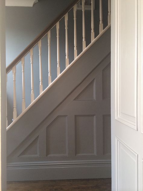 panelling in Farrow & Ball 'plummett'. Stairs in 'all white' Coloured Bannister, Banister Remodel, Painted Staircase, Stairs Trim, London Stone, Stair Paneling, Hall Stairs, Painted Staircases, Wainscoting Styles