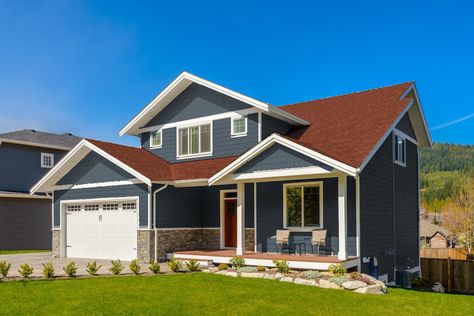 charcoal gray house with red roof Red Roof Homes Exterior Colors, Red Roof House Colors, House With Red Roof, Red Roof House, Exterior House Design, Home Gym Design Garage, Gray House, Colonial Style Homes, Grey Houses