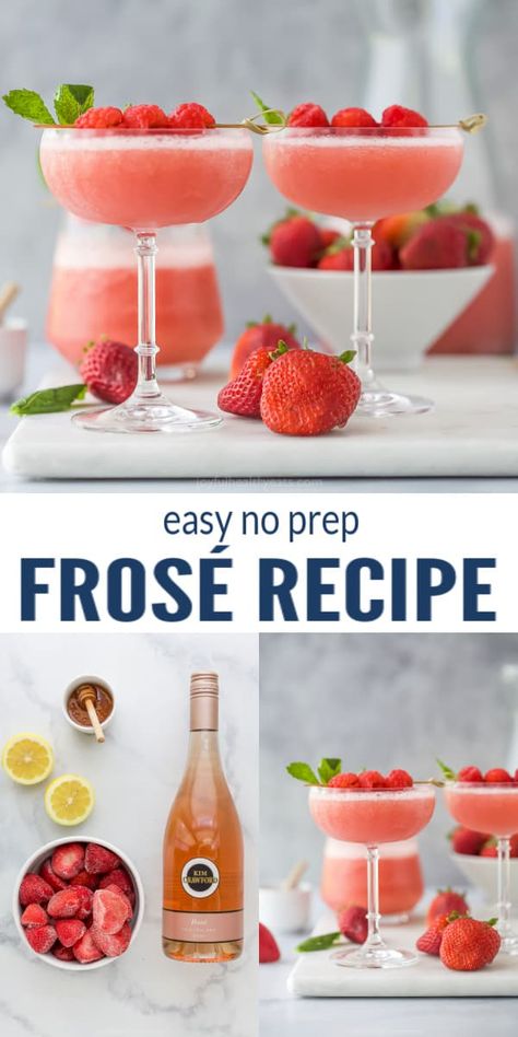 If you're looking for the perfect frozen cocktail I've got your back! This Easy No Prep Frosé is made with rosé, frozen strawberries, lemon and honey - it's refreshing, fruity, and boozy! #frose #frozenrose #wineslushie #winecocktail #cocktailrecipes #easycocktails #rose Froze Recipe, Rosé Cocktail, Rose Cocktail Recipes, Wine Slushie Recipe, Frosé Recipe, Easy Party Drinks, Rose Drink, Strawberry Cocktails, Lemon And Honey