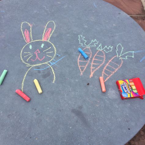 Fun outdoor play with sidewalk chalk! Drawing an adorable bunny with carrots. Chalk Bunny, Fruit Ideas, Adorable Bunny, Sidewalk Chalk, Chalkboard Signs, Kids Fun, Chalk Art, Outdoor Play, Outdoor Fun