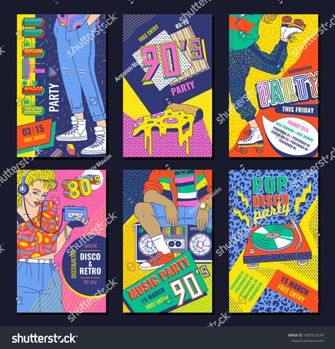 80's disco style poster set for retro party - colorful Memphis invitation flyer template collection with people and ob #Ad , #Ad, #party#retro#colorful#invitation 80s Party Poster, 80s Poster Design, 1980s Posters, 80s Ads, Party Design Poster, 80s Poster, Business Card Stand, 80s Disco, Disco Style