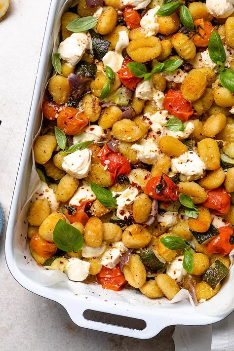 Crispy Tray Bake Gnocchi with Bocconcini| Create Cook Share | Australia Crispy Gnocchi, Cooking Avocado, Melting Cheese, Gluten Free Gnocchi, Baked Gnocchi, Tray Bake Recipes, Easy Mediterranean Diet Recipes, Tray Bake, Baked Vegetables