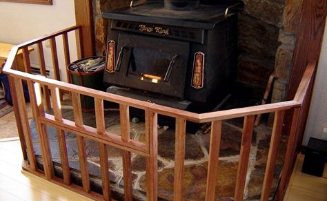 The fence for the woodstove is finally finished! Yes!    Here's a shot showing the hinged gate section in the open position. This will allo... Fireplace Baby Gate, Fireplace Gate, Fireplace Safety, Diy Baby Gate, Diy Wood Stove, Wood Heater, Barn Renovation, Baby Gate, Baby Gates