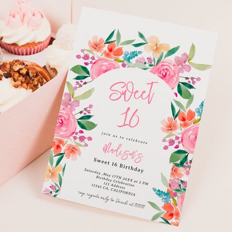 Pretty garden floral watercolor arch Sweet 16 Invitation Sweet 16 Summer, Summer Birthday Invitations, Elegant Birthday Invitations, Fall Outdoors, Sweet Sixteen Birthday Invitations, Garden Party Theme, Floral Birthday Invitations, 16th Birthday Invitations, Roses Blue