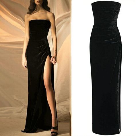 Black Velvet Strapless Dress, Black Velvet Dress Long Evening Gowns, Senior Ball Dresses, Dress Reveal, Violet Clothes, Debs Dresses, Silk Gowns, Matric Dance Dresses, Black Lace Prom Dress