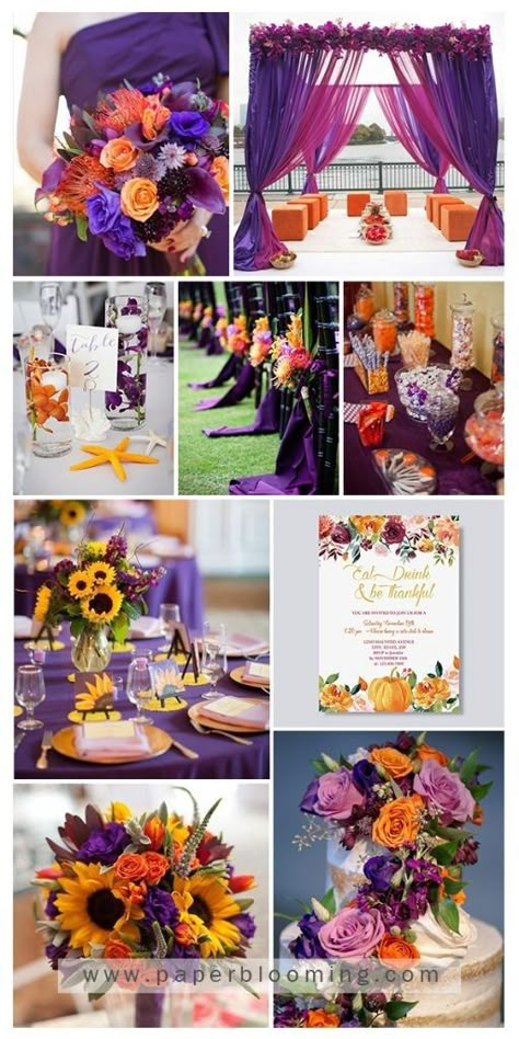 Orange And Purple Wedding Cake, Purple And Orange Wedding Ideas, Halloween Wedding Colors, Color Wedding Theme, Orange And Purple Wedding, Orange Wedding Color Scheme, Purple And Orange Wedding, Wedding Color Schemes Purple, Orange Purple Wedding