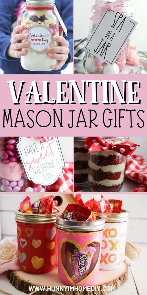 These easy mason jar crafts make great homemade Valentine's Day gifts! Put together these easy gifts in a jar to come up with cheap and thoughtful valentine presents to give your girlfriend, wife, husband, or boyfriend! From easy recipes to fun candy ideas, you'll get plenty of inspiration for your own DIY projects to make for all your loved ones. Valentines Day Mason Jars, Homemade Mason Jar Gifts, Jar Magic, Valentine Mason Jar, Jars Crafts, Easy Diy Valentines, Jar Meals, Diy Valentines Day, Gifts Homemade