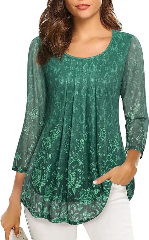 VALOLIA Fitted Tops for Work, Womens Tunic 3/4 Sleeve Tops for Wedding Guest Women Round Neck Work Shirts Juniors Blouses for Women 2022 Fashion Dressy Tops for Evening Wear Multicolor Green-2 Medium at Amazon Women’s Clothing store Tops For Wedding Guest, Blouses For Women 2022, Floral Tops For Women, Cute Plus Size Clothes, Floral Blouses, Tunics For Women, Fitted Tops, Flare Blouse, Trendy Tops For Women