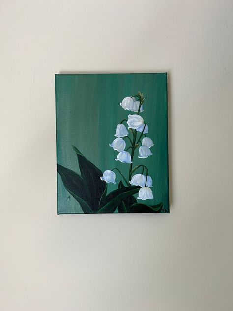 Lily Of Valley Painting, Lilies Of The Valley Painting, Easy Peaceful Paintings, Green And White Painting Ideas, Lily Of The Valley Acrylic Painting, Easy Lily Painting, Easy Acrylic Painting Ideas Nature, Room Painting Ideas Canvas, Cute Painting Ideas On Canvas Easy