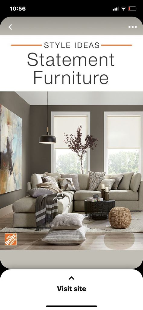 Pillows Sectional, Decoration Ideas Living Room, Living Room Decoration Ideas, Beige Sectional, Room Decoration Ideas, Gray Walls, Statement Furniture, Inspire Me Home Decor, Ideas Living Room