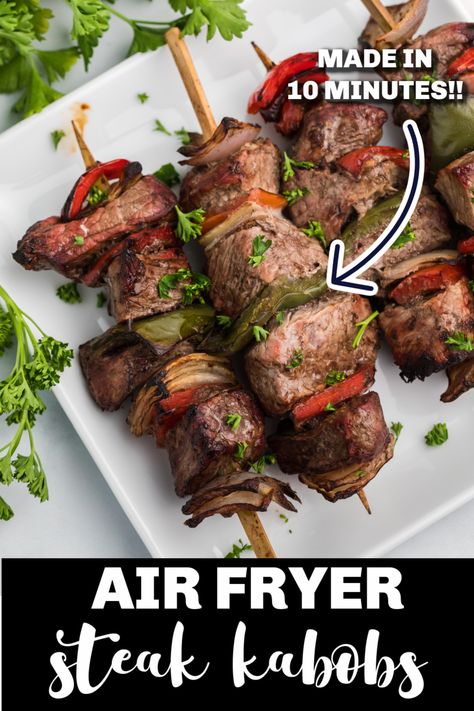 Air Fryer Steak Kabobs are the perfect delicious dinner! Made with steak, onion, and bell peppers. You'll love these healthy kabobs, made in just 10 minutes! Steak Airfryer, Air Fryer Beef, Air Fryer Steak, Steak Kabobs, Beef Kabobs, Tender Steak, Air Fryer Recipe, Kabob Recipes, Air Fry Recipes