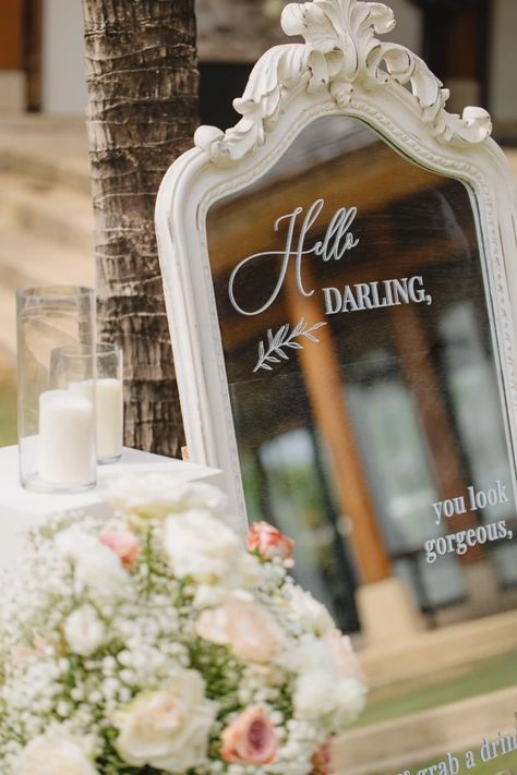 A masterclass in how to create a sophisticated wedding color scheme Wedding Welcome Mirror, Wedding Mirror Sign, Shades Of Dusty Pink, Welcome Mirror, Cute Wedding Signs, Signs For Weddings, Wedding Mirror, Phuket Wedding, Wedding Color Scheme