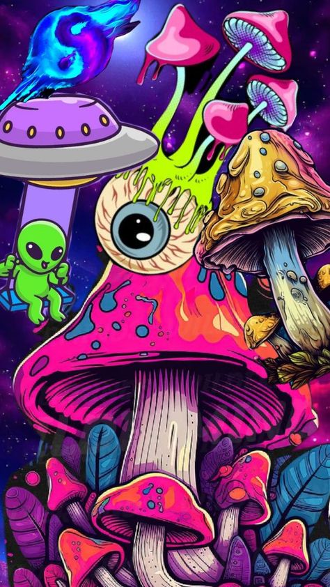 Cool Wallpapers Neon, Magic Mushroom Drawing, Shrooms Aesthetic, Mushroom Wallpaper Aesthetic, Trippy Cartoon, Magical Paintings, Fungi Art, Cartoon Mushroom, Mushroom Wallpaper