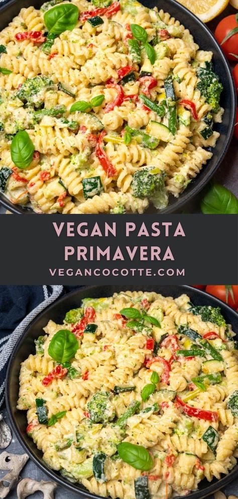 Vegan Cocotte, Cocotte Recipes, Vegan Pasta Primavera, Pasta Primavera Salad, Primavera Recipe, Creamy Vegan Pasta, Pasta Primavera Recipe, Vegan Pasta Dish, Vegan Pasta Salad