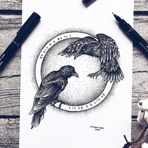 Norse Mythology Names, Norse Mythology Goddesses, Odin's Ravens Tattoo, Ancient Viking Symbols, Odin Norse Mythology, Rabe Tattoo, Hugin And Munin, Norse Mythology Tattoo, Odin's Ravens