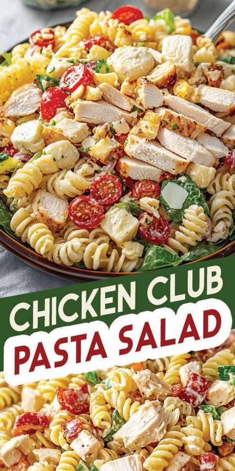 Chicken Club Pasta Salad Ingredients: 8 ounces corkscrew-shaped pasta ¾ cup Italian-style salad dressing ¼ cup mayonnaise 2 cups chopped, cooked rotisserie chicken 12 slices crispy cooked bacon, crumbled 1 cup cubed Muenster cheese 1 cup chopped celery 1 cup chopped green bell pepper 8 ounces cherry tomatoes, halved 1 avocado, peeled, pitted, and chopped #Chicken #Pasta #Salad #Quickrecipe Club Pasta Salad, Chicken Club Pasta Salad, Creamy Italian Dressing, Pasta Salad Ingredients, Muenster Cheese, Chicken Crispy, Chicken Club, Easy Pasta Salad Recipe, Hot Dog Recipes