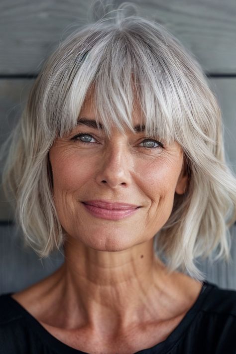 Women Over 60 Are Embracing These 35 Hairstyles With Bangs For A Fresh Look Bobs For Grey Hair Over 50, Top Hair Styles, Haircut Gray Hair, Grey Hair With Bangs, Hairstyle Simple, Hairstyle Cute, Kort Bob, Mom Haircuts, Grey Bob