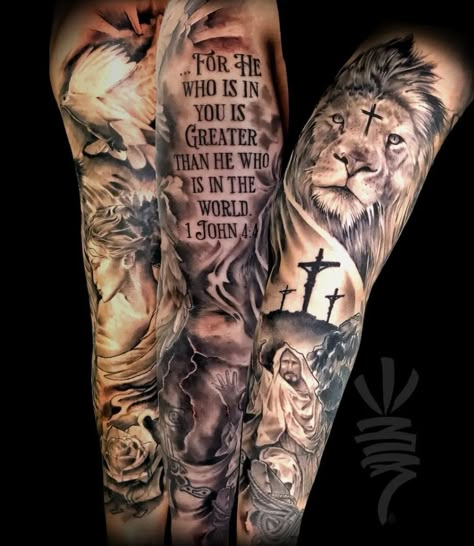 Religious Tattoo Sleeves, Scripture Tattoos, Biblical Tattoos, Bible Tattoos, Christian Sleeve Tattoo, Tattoo Inspiration Men, Religious Tattoo, Back Of Shoulder Tattoo, Religious Tattoos