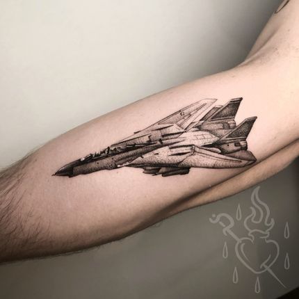 Fighter Jet Tattoo, Jet Tattoo, Tomcat F14, Navy Tattoos, Jack Tattoo, Plane Tattoo, Hyper Realistic Tattoo, Army Tattoos, F14 Tomcat