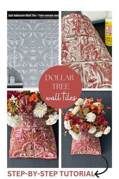 Ceiling Tile Wall Decor, Tin Can Valentine Ideas, Dollar Tree Wall Tiles Crafts, How To Make Tin Can Wall Pockets, Painting Dollar Tree Wall Tiles, Crafts With Tiles Diy Projects, Tin Ceiling Tile Crafts, Dollar Tree Tile Diy, Dollar Tree Stick On Tile Crafts