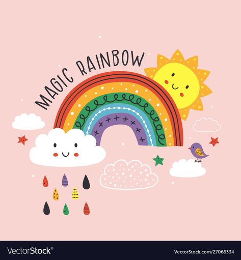 Cute Rainbow Drawings, Rainbow Illustration Art, Rainbow Illustration Design, Cute Rainbow Illustration, Unicorn Clouds Printable, Rainbow With Clouds Drawing, Illustration Rainbow, Rainbow Doodle, Sun Vector