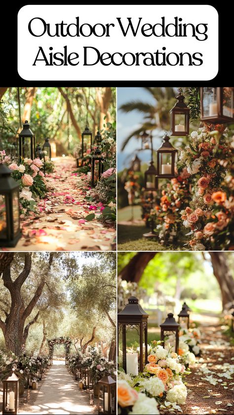 Outdoor wedding aisle decorated with lanterns and lush floral arrangements, creating a magical and elegant atmosphere for a rustic, bohemian, or classic wedding ceremony. Isle Markers Outdoor Wedding, Lantern Aisle Decor Outdoor Ceremony, Outdoor Wedding Ceremony Decorations Aisle Benches, Benches For Wedding Ceremony, Wedding Aisle Flowers On Ground, Outdoor Wedding Aisle Decor, Outdoor Wedding Aisle Decorations, Outdoor Wedding Alter, Outdoor Wedding Aisle Ideas