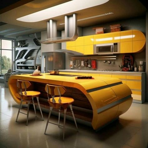 Futurism Architecture, 3d Futuristic, Scifi Interior, Retro Interior Design, Futuristic Home, 70s Home, Streamline Moderne, Round Kitchen, Chic Interior Design