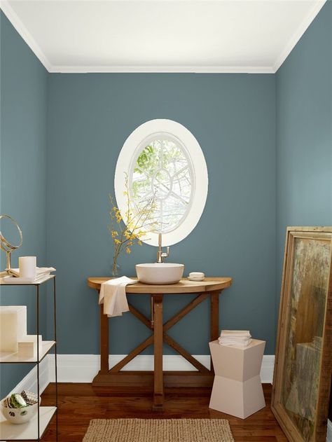 Walls: Wetherburn's Blue CW-580 Benjamin Moore Bathroom, Sage Green Paint Color, Blue Gray Paint Colors, Sage Green Paint, Wall Color Combination, Color Combinations Paint, Blue Gray Paint, Purple Bathrooms, Trending Paint Colors