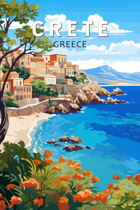 Retro-style illustration of Crete, Greece, featuring vibrant landscapes with Mediterranean scenery, capturing the island's beauty under a bright blue sky. Vintage Travel Posters Greece, Graphic Design Travel Poster, Greece Travel Poster, Paintings Of Greece, Vintage Travel Aesthetic, Crete Aesthetic, European Illustration, Destination Poster, Ipad School