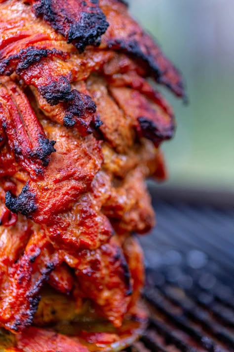 Smoker Al Pastor, Smoked Chicken Al Pastor, Beef Al Pastor Recipe, Smoked Tacos Al Pastor, Smoked Al Pastor, Smoked Meat For A Crowd, Al Pastor Recipe Authentic, Smoked Al Pastor Recipe, Vertical Skewer Recipes