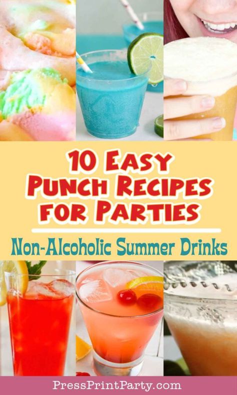 10 Easy Punch Recipes for Parties, Non-Alcoholic Summer Drinks. I’m always on the lookout for great punch recipes for parties. And with all the baby showers, bridal showers, birthday parties, and backyard barbecues happening in summer, I wanted this list to be about non-alcoholic summer drinks. Tropical party punch with ice cream, rainbow sherbet punch, Mermaid punch, Firecracker Punch, Limeade Slush Punch, Texas Tea Punch, Peach Punch, Non-alcoholic Sangria Punch - Press Print Party! Birthday Punch Recipes, Punch Recipes Non Alcoholic With Sherbet, Party Punch Recipes Alcoholic, Alcoholic Summer Drinks, Mermaid Punch, Wedding Punch Recipes, Hawaiian Punch Recipes, Summer Punch Recipes, Slush Punch