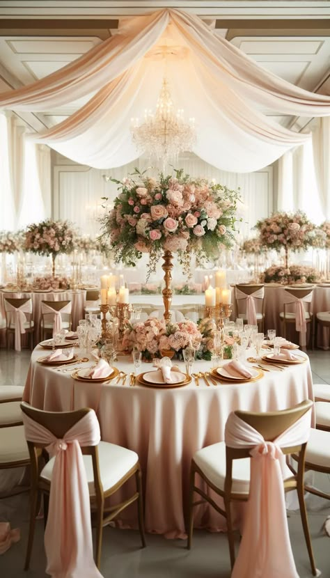 21 Stunning Wedding Decoration Ideas You Absolutely Must See! 💍✨ Pink Centrepiece Wedding, Quince Decorations Pink And White, Pink White Champagne Wedding, Rose Gold Wedding Theme Centerpieces Receptions Blush Pink, Royal Wedding Table Decor, Dusty Pink Wedding Reception, Pink Rose Wedding Theme, Wedding Candelabra Centerpiece, Wedding Ideas Blush Pink