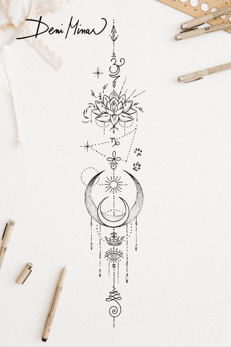 Spiritual Tattoo, Horoscope Tattoos, Boho Tattoos, Unalome Tattoo, Spine Tattoos For Women, Spiritual Tattoos, Small Hand Tattoos, Spine Tattoos, Elegant Tattoos