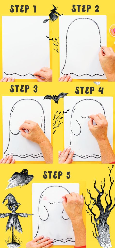 How to Create a Funny Face Ghost | Deep Space Sparkle Halloween Directed Drawing For Preschool, October Directed Drawing For Kids, Fall Directed Drawing Preschool, Halloween Directed Drawing Preschool, Ghost Art Kindergarten, Halloween Art 1st Grade, Deep Space Sparkle Lesson Plans, Halloween Art For Kids Elementary, Halloween Directed Drawing Kindergarten