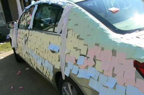 yes these were good times! lol My car was covered in thousands of post it notes... house tp'ed and forks in the yard. Oh and let's not forget the Peeps and icing and writing on my windows. What an initiation into my new place! lol Tp House Prank, Tp House Prank Ideas, Yard Pranks, House Pranks, Night Volleyball, Prank Ideas, Volleyball Senior Night, Senior Pranks, April Fools Pranks