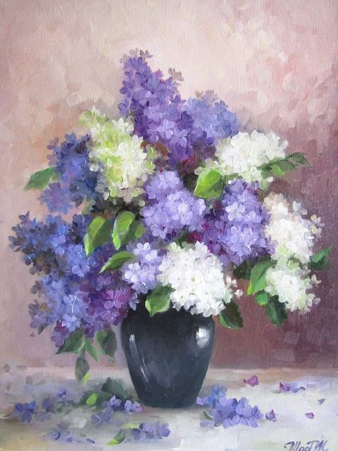 Lilacs In A Vase, Flower Painting Big Canvas, Oil Pastel Flower Vase, Pastel Acrylic Painting Ideas, Flower In A Vase Painting, Oil Color Painting Ideas Easy, Painting Ideas Oil Paint, Flower Vase Painting Acrylic, Flower Painting Canvas Acrylic