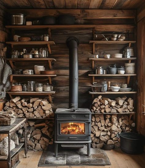 Wood Stove Brick Wall, Small Cabin Wood Stove, Kitchen With Wood Burning Stove, Stone Wall Behind Wood Stove, Stone Behind Wood Stove, Wood Stove Room, Rustic Wood Stove Surround, Wood Stove Corner, Farmhouse Wood Stove