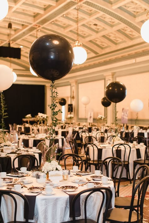 Black White And Gold Party Decor, Black And White Party Decorations Table, Round Party Tables, Chairs For Party, Black Gold And White Decorations Party, Round Table Birthday Decor, Black Gold White Centerpieces, Brown And White Party Decor, Black Center Piece