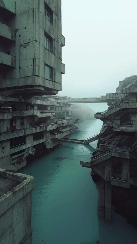 Brutalist Architecture Concept Art, Sci Fi Brutalist Architecture, Flooded City Art, Brutalist Concept Art, Built Environment Photography, Cyberpunk Executive, Dystopia Architecture, Apocalypse Architecture, Dystopian Buildings