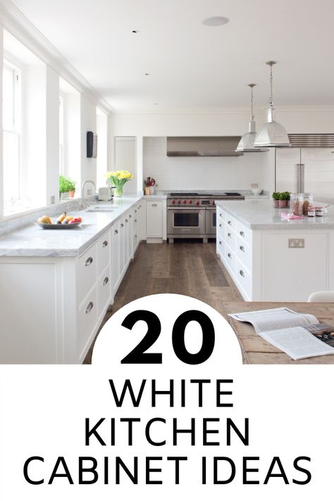 white kitchen cabinets in a kitchen with white walls and filled with light. White Kitchen Cabinet Fixtures, White Kitchen Cabinet Ideas Inspiration, Shaker Style Cabinets White, Plain White Kitchen Cabinets, White Colour Kitchen Design, Pictures Of Kitchens With White Cabinets, White Kitchens 2023, White Kitchen Shaker Cabinets, White Cupboards Kitchen