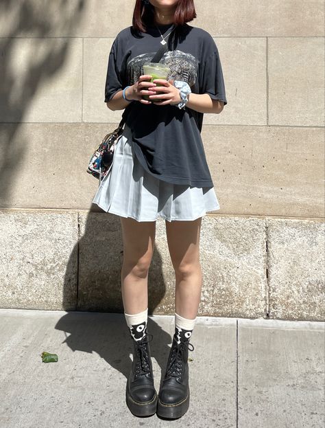 Pleated skirt, graphic t, funky socks, doc martens, matcha Cute Outfits With Pleated Skirts, Graphic Skirt Outfit, Skirts And Socks Outfit, Skirt And Socks, Skirt Doc Martens Outfit, Skirt T Shirt Outfit, Y2k Pleated Skirt Outfit, Summer Pleated Skirt Outfit, Doc Martens Skirt Outfits