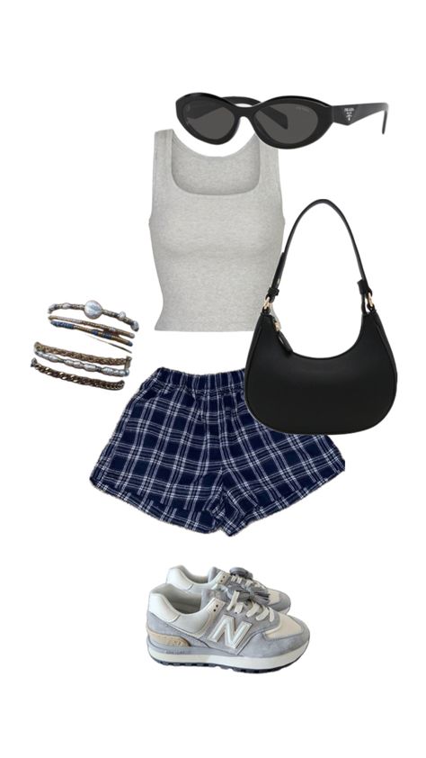 Grey tank top, plaid shorts, summer outfit, ootd, outfit inspo, comfy outfit, sunglasses, black bag, grey shoes, Plaid Shorts Outfit, Outfit Inspo Comfy, Shorts Summer Outfit, Comfy Outfit, Shorts Outfits, Grey Tank Top, Shorts Outfit, Grey Shoes, My Characters