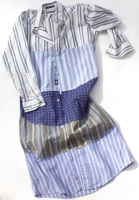 Blue Stripes Dress made with men's shirttails sewn to the hem of each. Upcycling Mens Dress Shirts, Upcycle Mens Button Up Shirt, Mens Shirt Upcycle Woman, Upcycle Button Down Shirt Diy, How To Add Length To A Dress, Men’s Shirt Refashion, Upcycling Shirts Mens, Men’s Shirt Upcycle, Upcycling Shirts Ideas