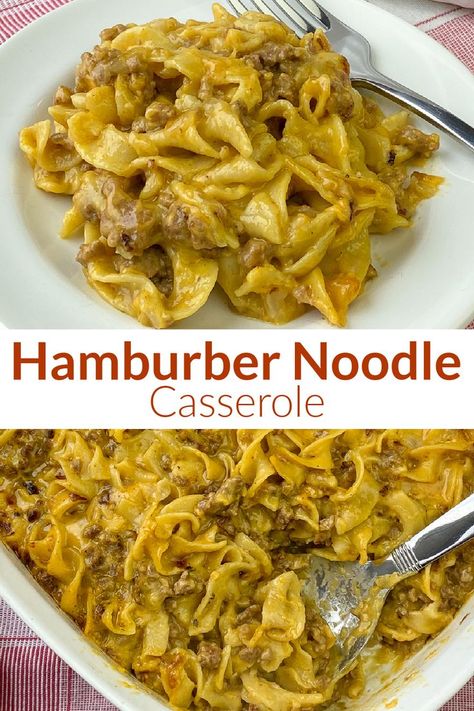 Collage of creamy hamburger noodle casserole with text Hamburger Noodle Casserole, Hamburger Meat Recipes Easy, Casserole Ground Beef, Classic Hamburger, Easy Hamburger Casserole, Hamburger Casseroles, Hamburger Meals, Casserole Dinners, Ground Beef Casseroles