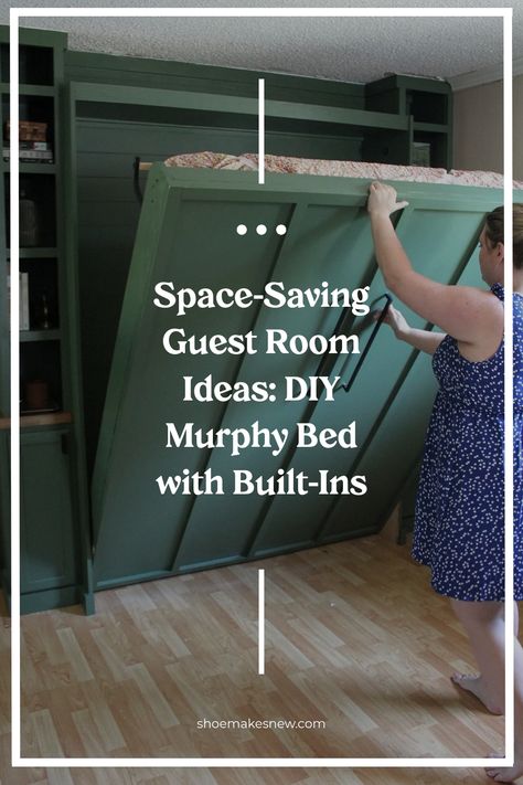 Person folding up a Murphy bed in a space-saving guest room. Campervan Murphy Bed, Murphy Bed Bookshelf, Murphy Bed Small Room, Kitchen Cabinets And Butcher Block, Built In Bunk Beds In Wall, Multi Purpose Bedroom, Butcher Block Shelves, Block Shelves, Custom Murphy Bed