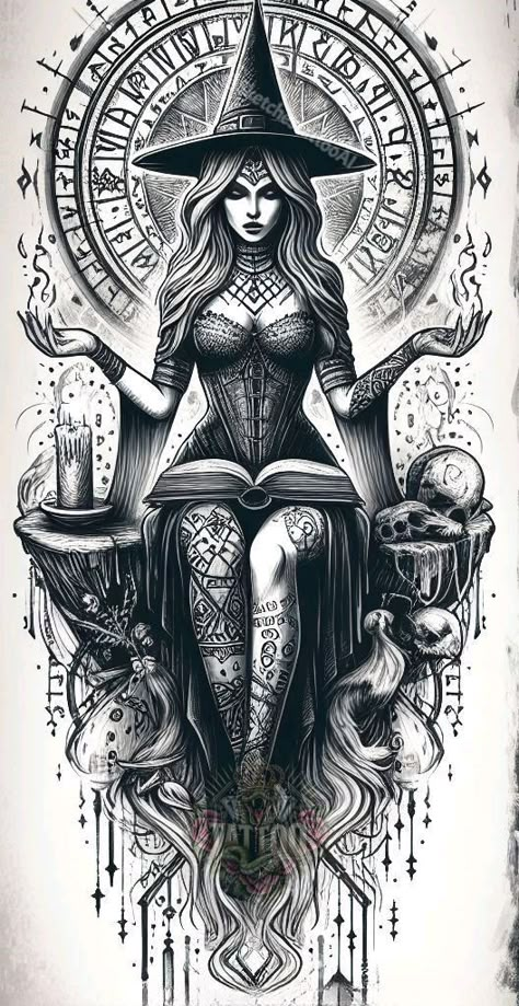 Wicca Tattoo, Witchcraft Tattoos, Images Pop Art, Armband Tattoos, Armband Tattoo Design, Witch Tattoo, Goddess Tattoo, Halloween Tattoo, Tattoo Style Drawings